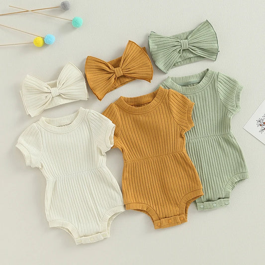 Girls Ribbed Knit Short Sleeve Romper with Headband