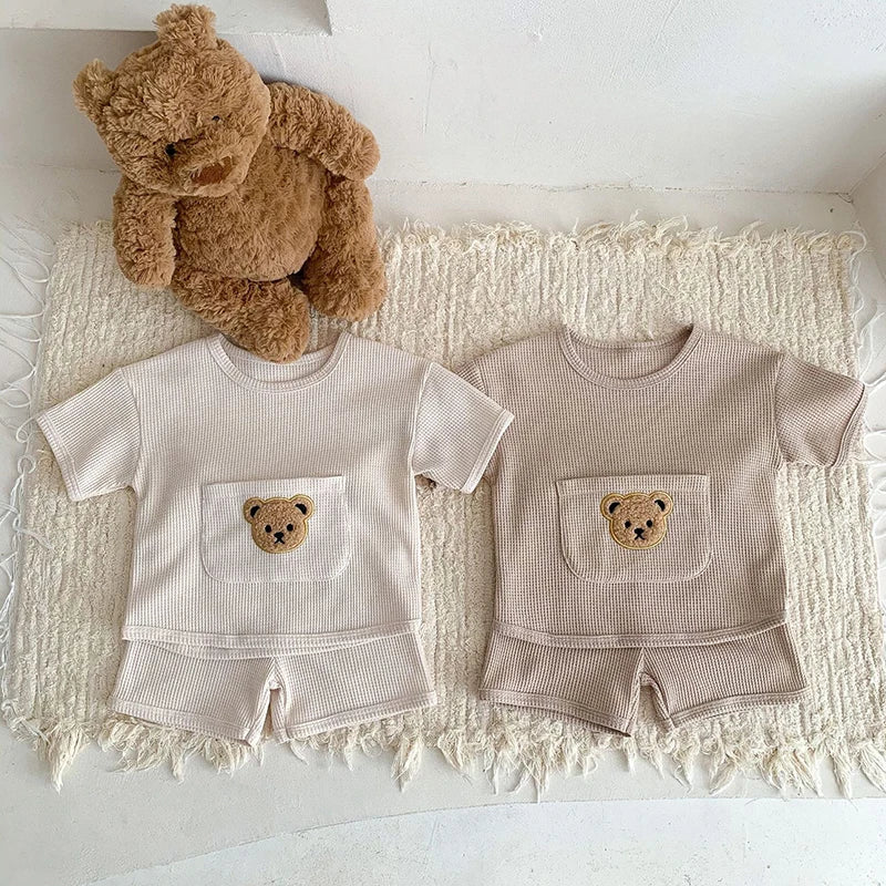 Soft Waffle Bear Pocket Tee and Shorts Set