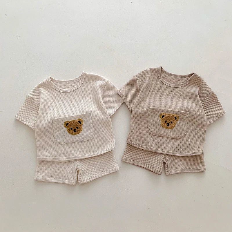 Soft Waffle Bear Pocket Tee and Shorts Set